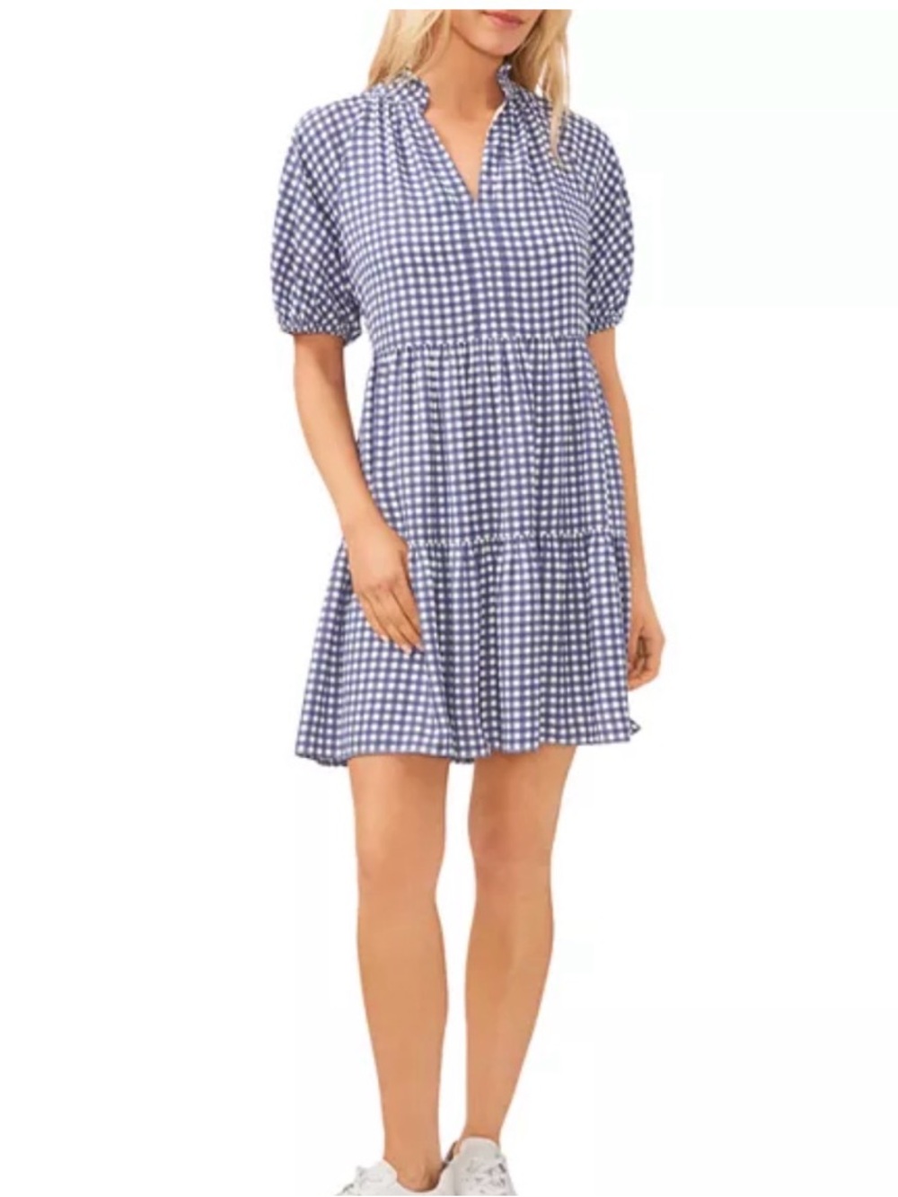 CeCe Tiered Mini Dress Short Sleeve Babydoll White Blue Gingham Small